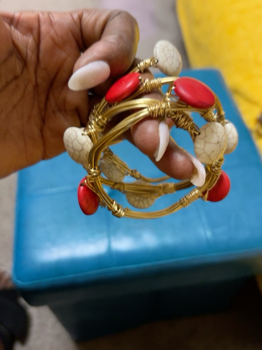 Women’s 4-Piece Gold Tone Red Ivory Beaded Wire Wrapped Bracelet Set F1